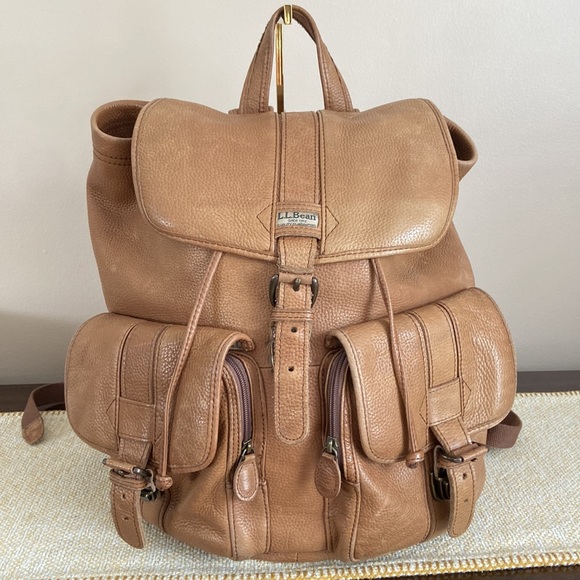 LL Bean - 17" Large Brown Pebbled Leather Maine Guide Rucksack Backpack Bag - Picture 3 of 12